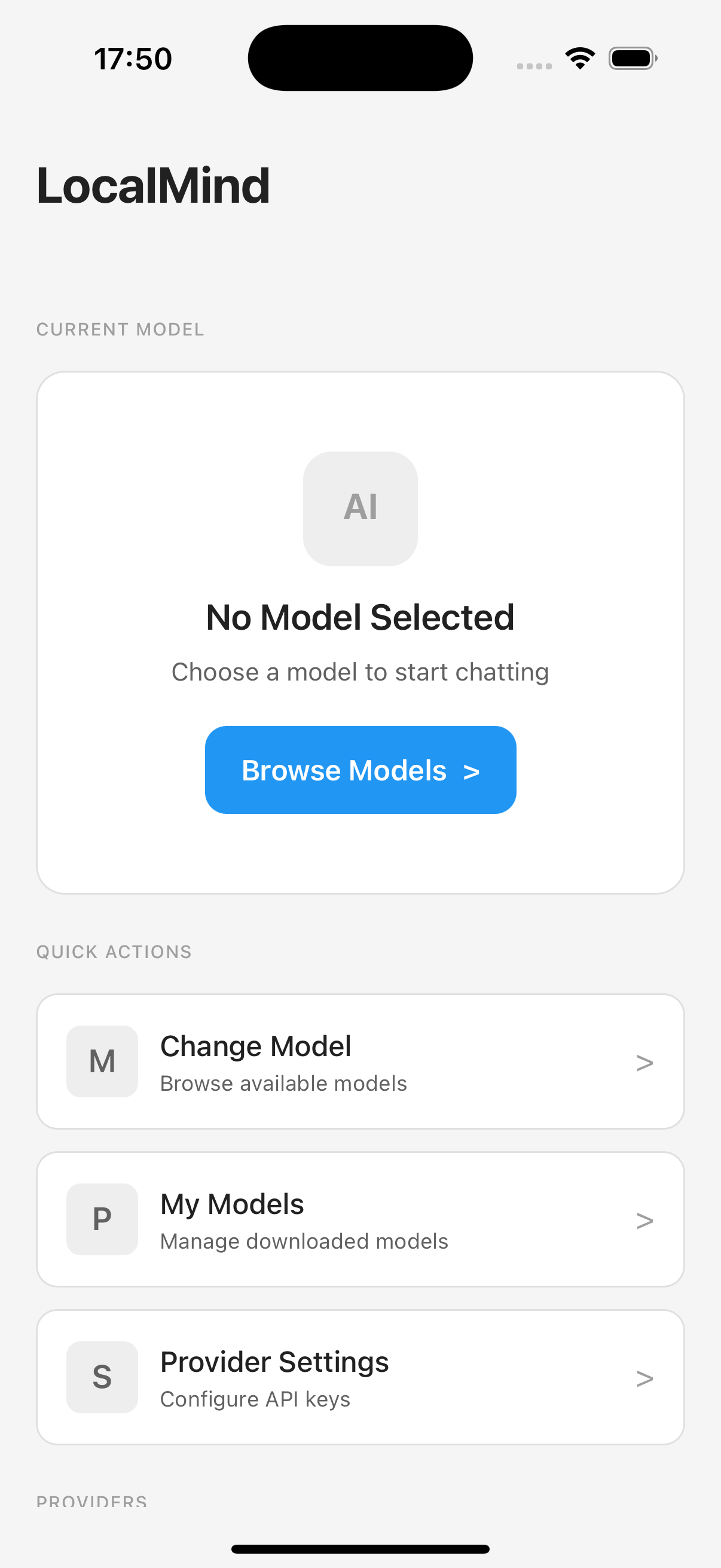 LocalMind home screen